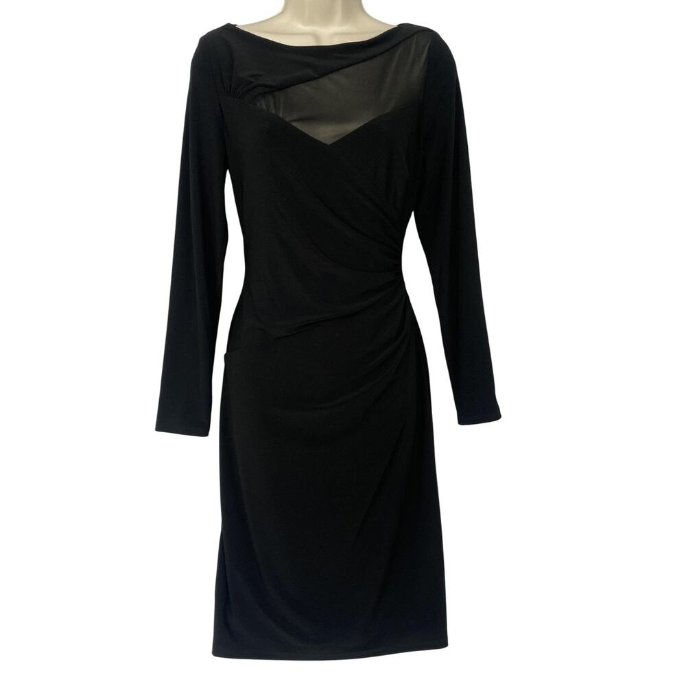 Ralph Lauren Dress‎ Womens 10 Black Long Sleeve Side Ruched Mesh Illusion LBD